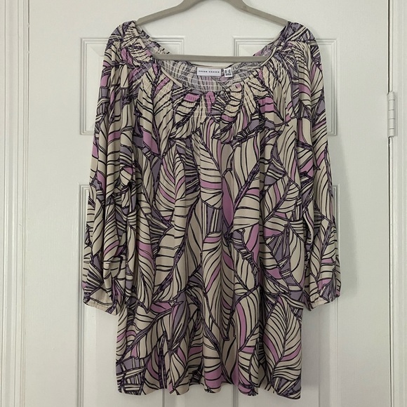 Susan Graver 1X Liquid Knit Purple Leaf Print Smocked Neck Top - Picture 2 of 6